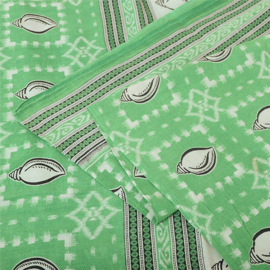 Sanskriti Vintage Sarees Green Shell Printed Pure Cotton Sari 5yd Craft Sustainable Fabric