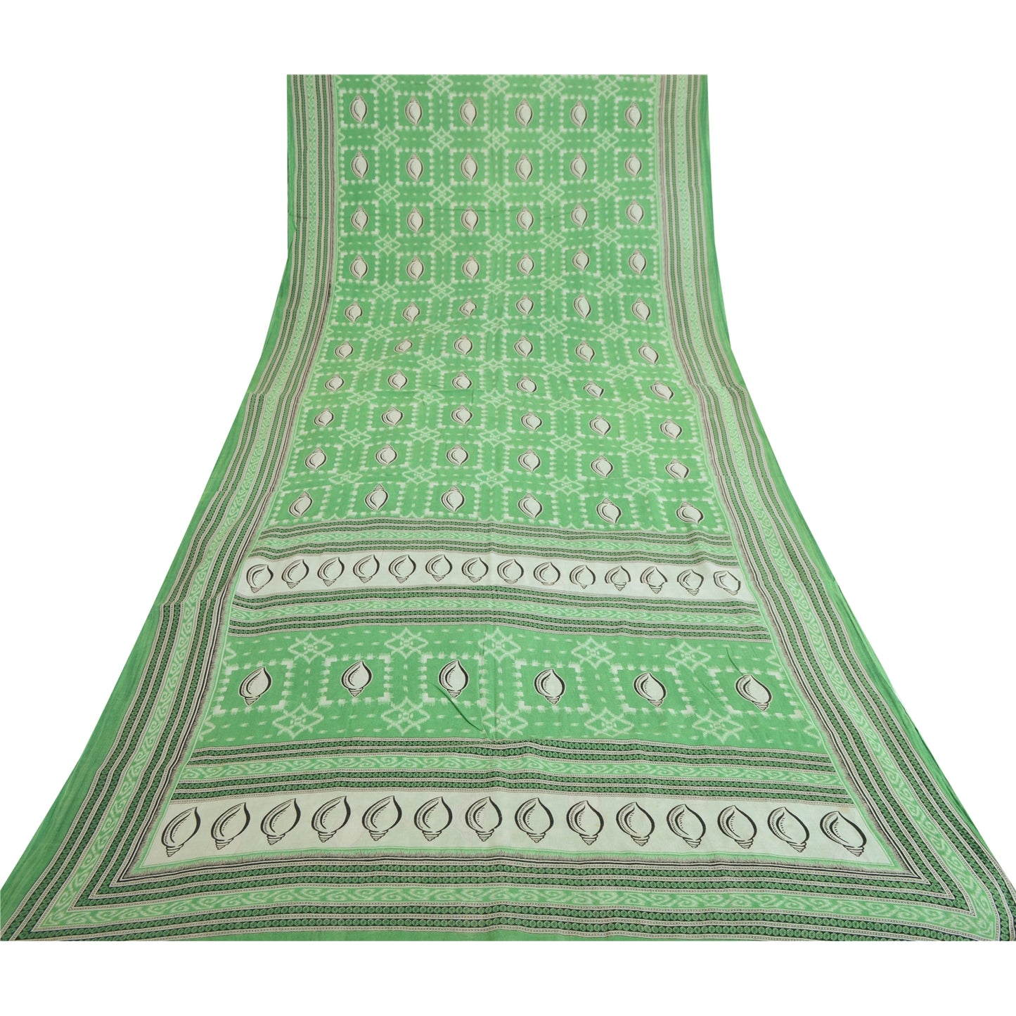 Sanskriti Vintage Sarees Green Shell Printed Pure Cotton Sari 5yd Craft Sustainable Fabric