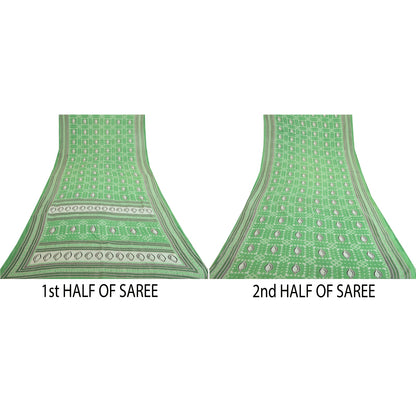 Sanskriti Vintage Sarees Green Shell Printed Pure Cotton Sari 5yd Craft Sustainable Fabric