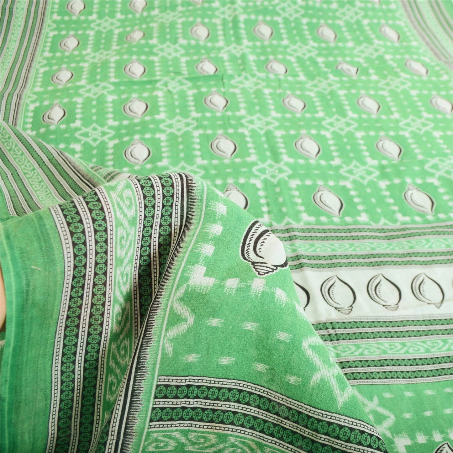 Sanskriti Vintage Sarees Green Shell Printed Pure Cotton Sari 5yd Craft Sustainable Fabric