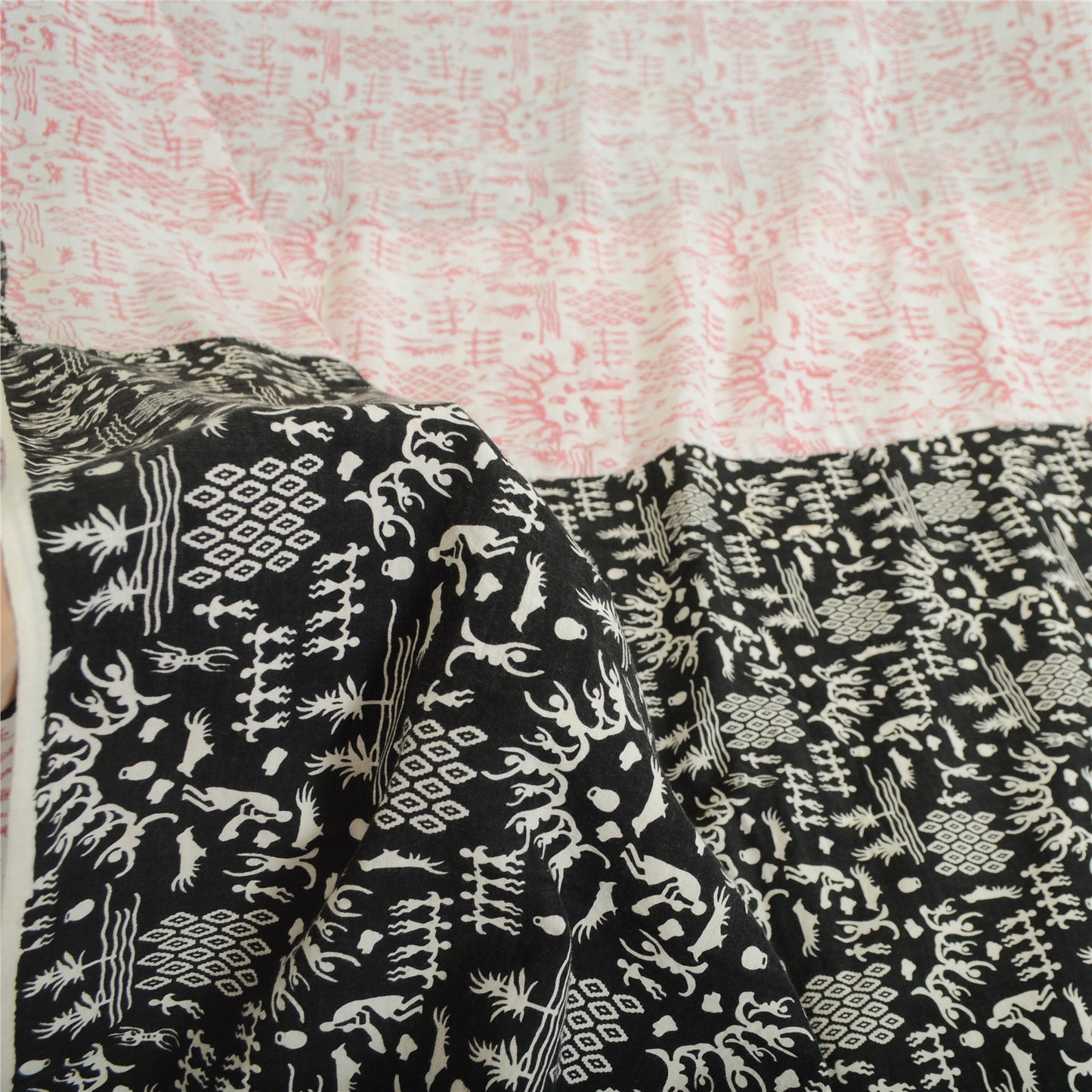 Sanskriti Vintage Sarees Ivory/Black Blend Cotton Warli Art Printed Sari Sustainable Fabric