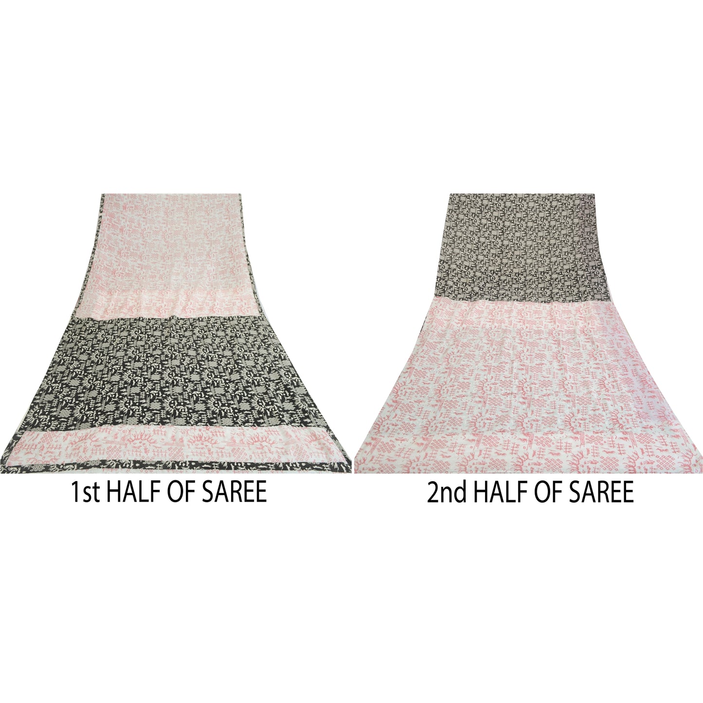 Sanskriti Vintage Sarees Ivory/Black Blend Cotton Warli Art Printed Sari Sustainable Fabric