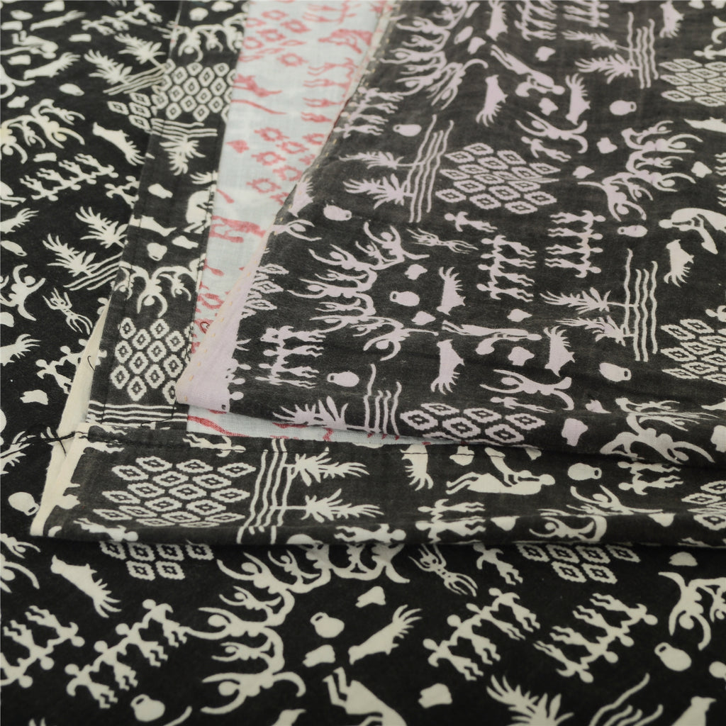 Sanskriti Vintage Sarees Ivory/Black Blend Cotton Warli Art Printed Sari Sustainable Fabric