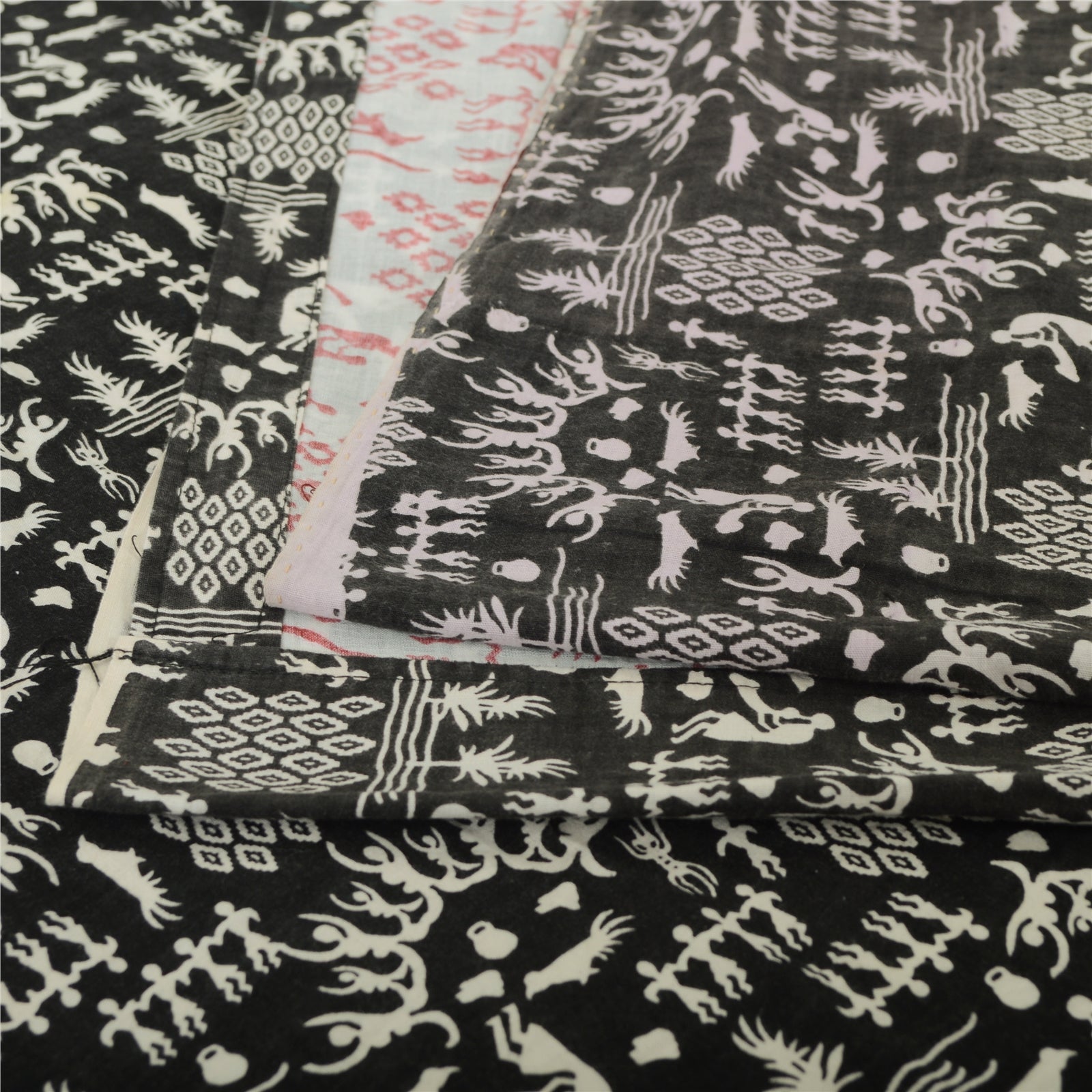 Sanskriti Vintage Sarees Ivory/Black Blend Cotton Warli Art Printed Sari Sustainable Fabric