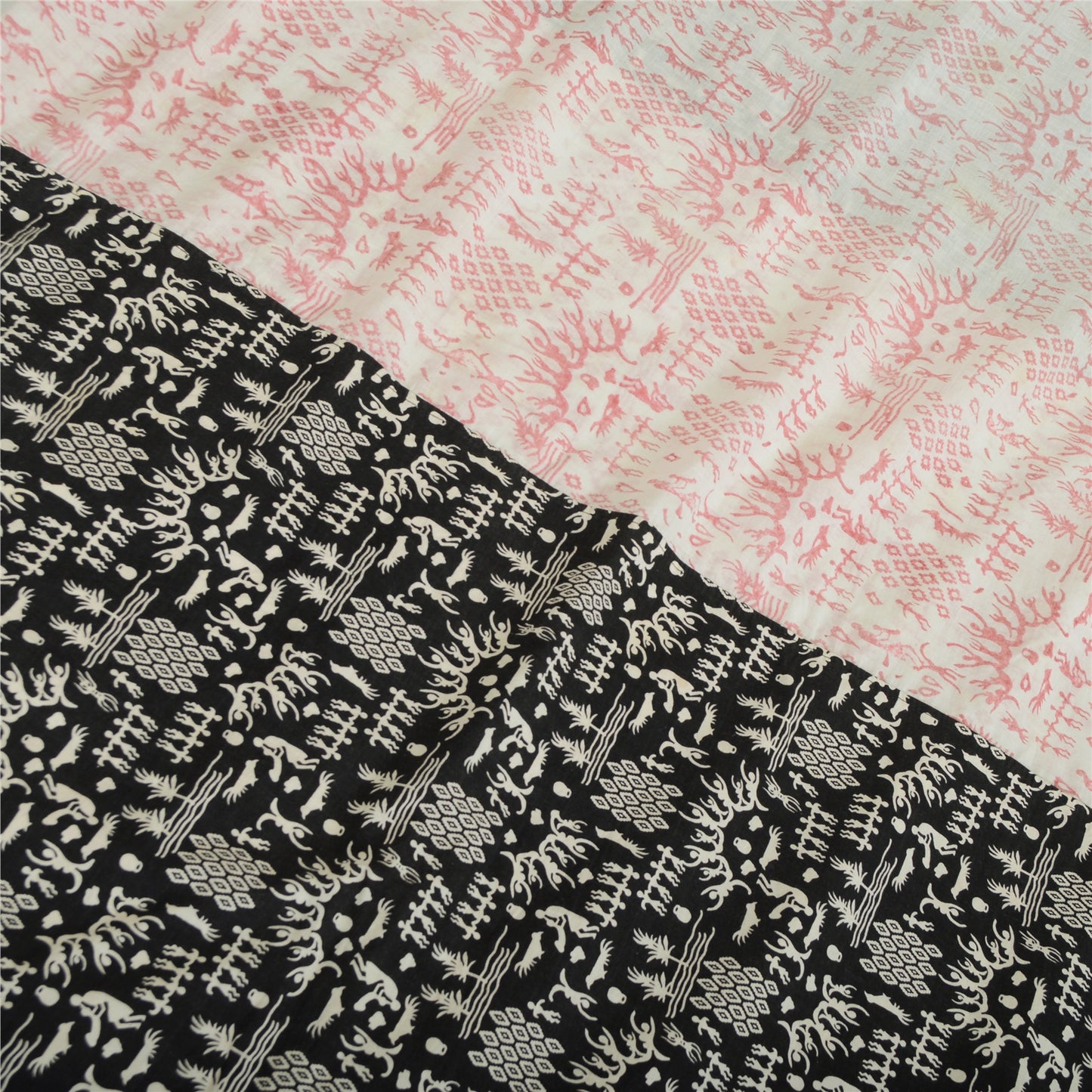 Sanskriti Vintage Sarees Ivory/Black Blend Cotton Warli Art Printed Sari Sustainable Fabric