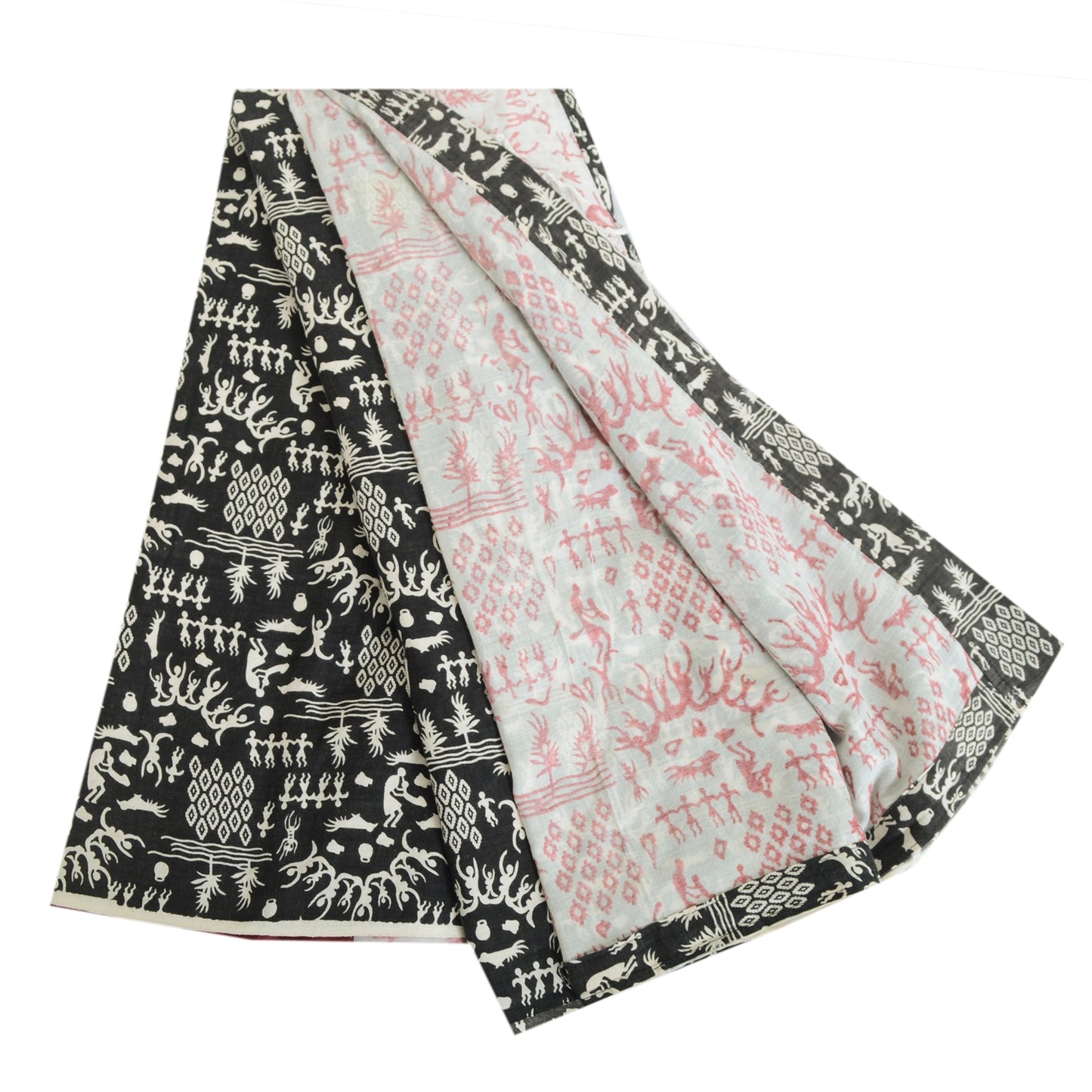 Sanskriti Vintage Sarees Ivory/Black Blend Cotton Warli Art Printed Sari Sustainable Fabric