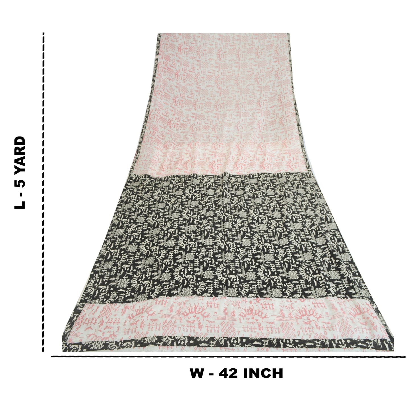 Sanskriti Vintage Sarees Ivory/Black Blend Cotton Warli Art Printed Sari Sustainable Fabric