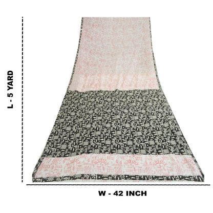 Sanskriti Vintage Sarees Ivory/Black Blend Cotton Warli Art Printed Sari Sustainable Fabric