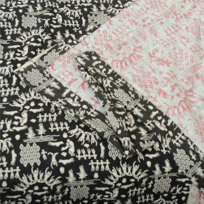 Sanskriti Vintage Sarees Ivory/Black Blend Cotton Warli Art Printed Sari Sustainable Fabric