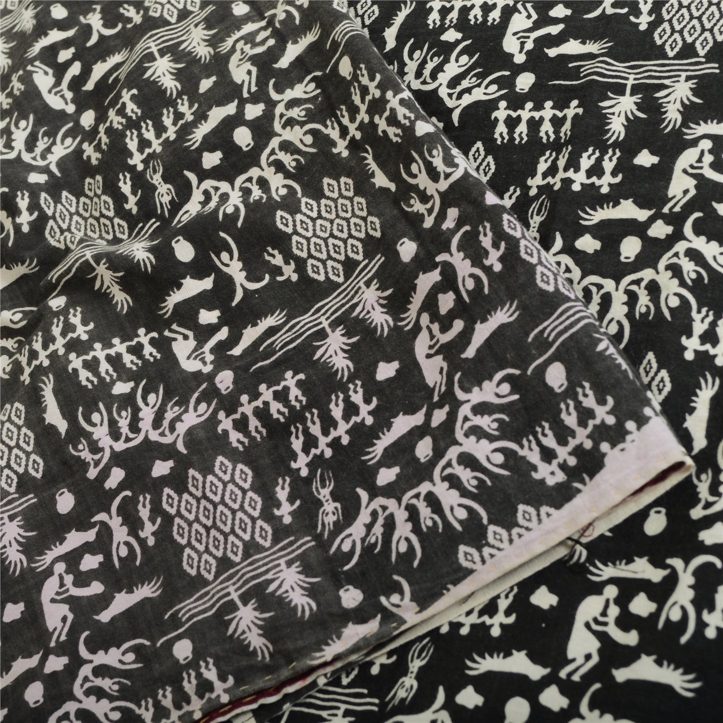 Sanskriti Vintage Sarees Ivory/Black Blend Cotton Warli Art Printed Sari Sustainable Fabric