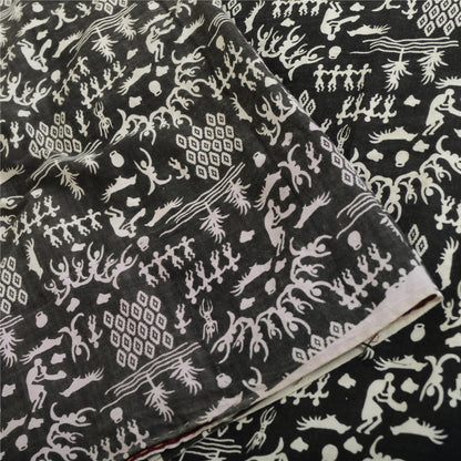 Sanskriti Vintage Sarees Ivory/Black Blend Cotton Warli Art Printed Sari Sustainable Fabric