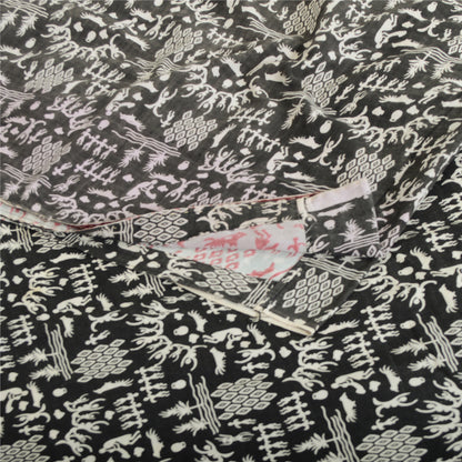 Sanskriti Vintage Sarees Ivory/Black Blend Cotton Warli Art Printed Sari Sustainable Fabric