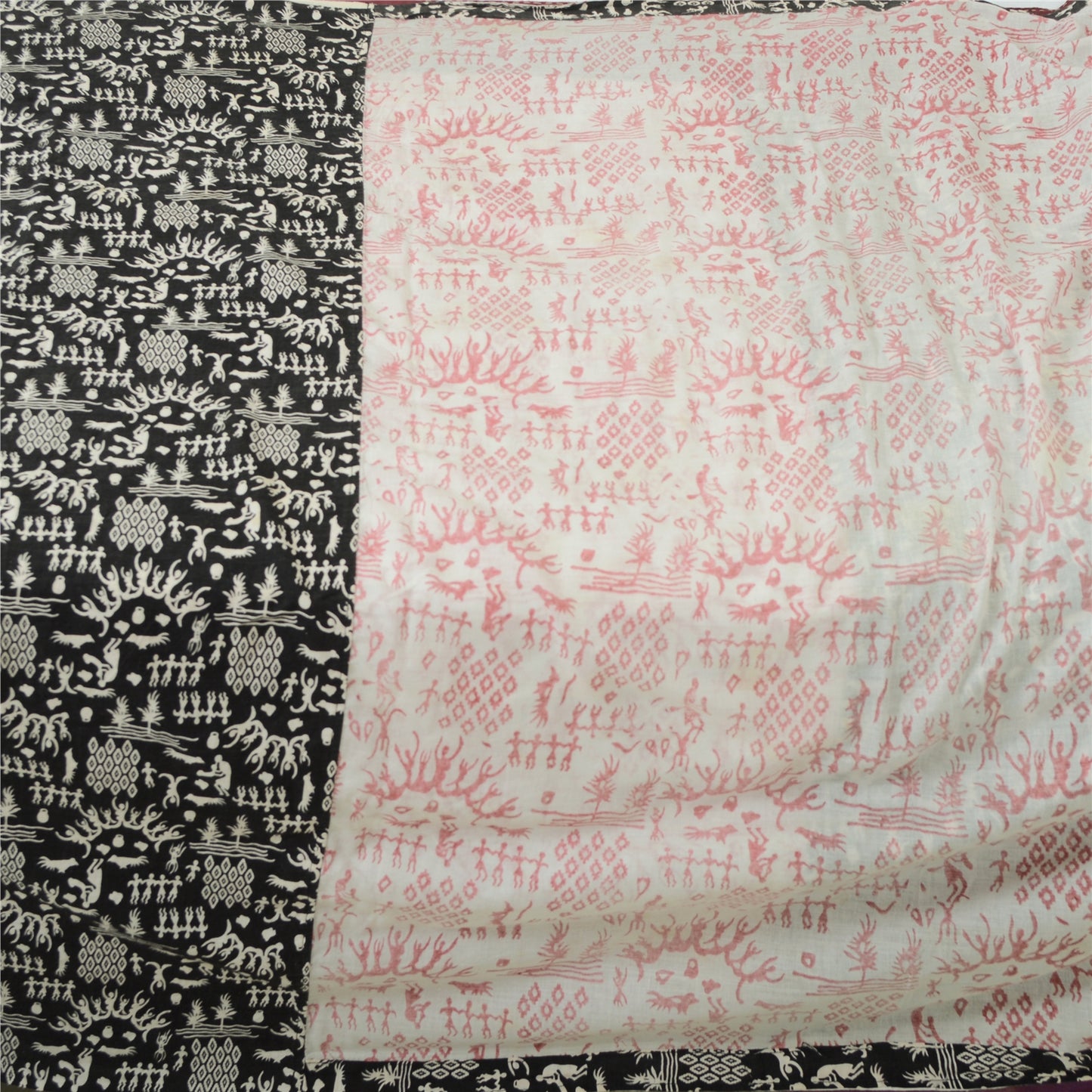 Sanskriti Vintage Sarees Ivory/Black Blend Cotton Warli Art Printed Sari Sustainable Fabric