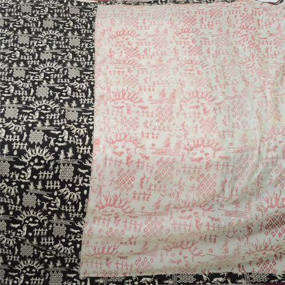 Sanskriti Vintage Sarees Ivory/Black Blend Cotton Warli Art Printed Sari Sustainable Fabric