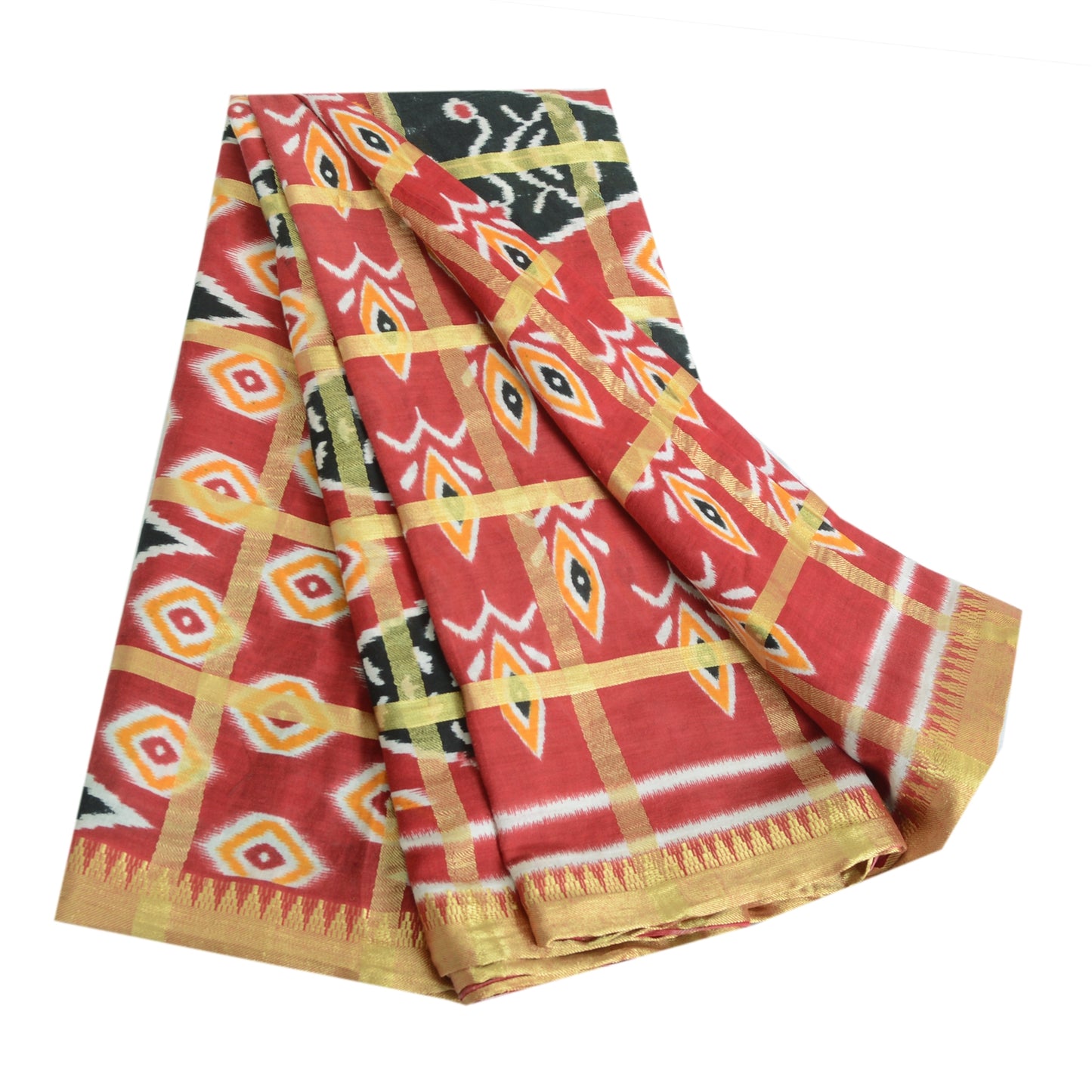 Sanskriti Vintage Sarees Red Pure Cotton Ikat Print Woven Sari 5yd Craft Sustainable Fabric