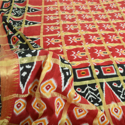 Sanskriti Vintage Sarees Red Pure Cotton Ikat Print Woven Sari 5yd Craft Sustainable Fabric
