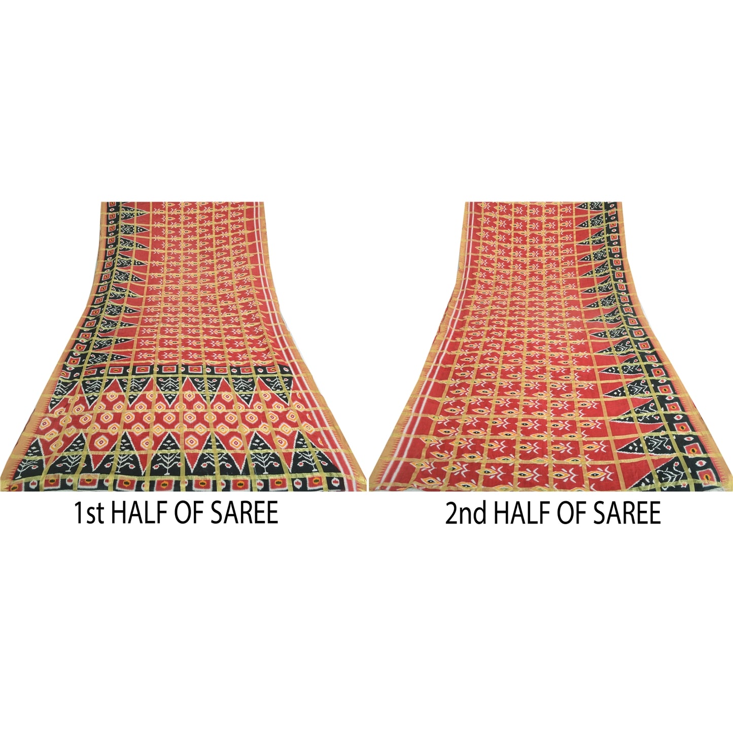 Sanskriti Vintage Sarees Red Pure Cotton Ikat Print Woven Sari 5yd Craft Sustainable Fabric