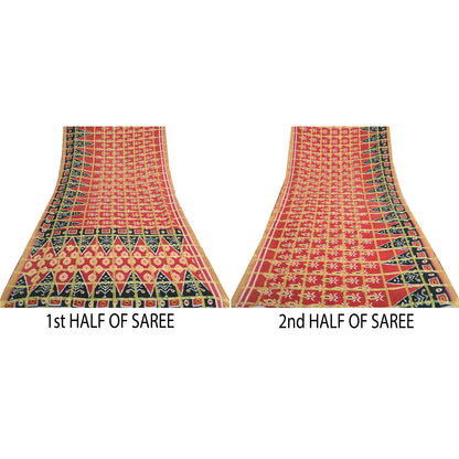 Sanskriti Vintage Sarees Red Pure Cotton Ikat Print Woven Sari 5yd Craft Sustainable Fabric