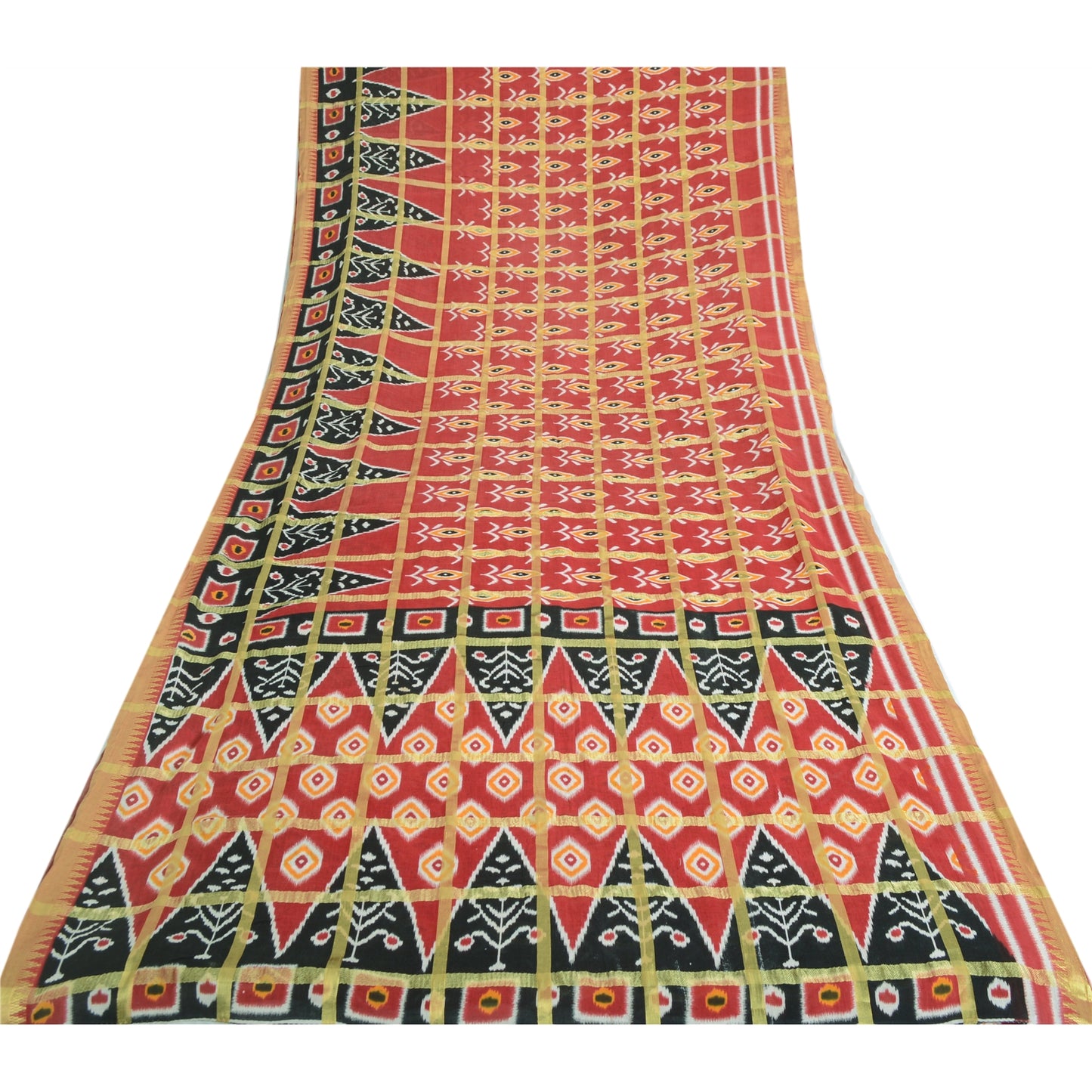 Sanskriti Vintage Sarees Red Pure Cotton Ikat Print Woven Sari 5yd Craft Sustainable Fabric