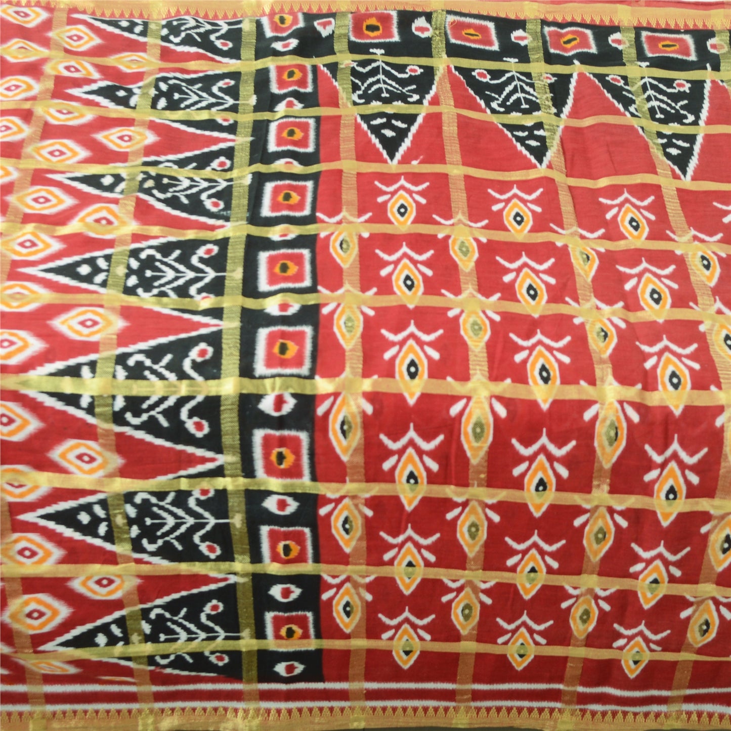 Sanskriti Vintage Sarees Red Pure Cotton Ikat Print Woven Sari 5yd Craft Sustainable Fabric