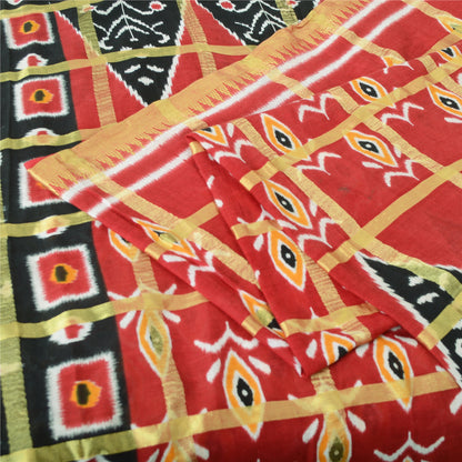 Sanskriti Vintage Sarees Red Pure Cotton Ikat Print Woven Sari 5yd Craft Sustainable Fabric