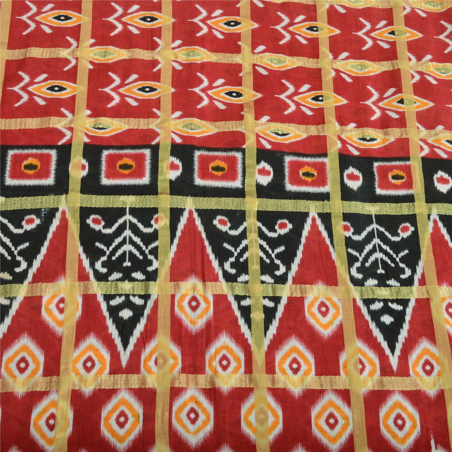 Sanskriti Vintage Sarees Red Pure Cotton Ikat Print Woven Sari 5yd Craft Sustainable Fabric