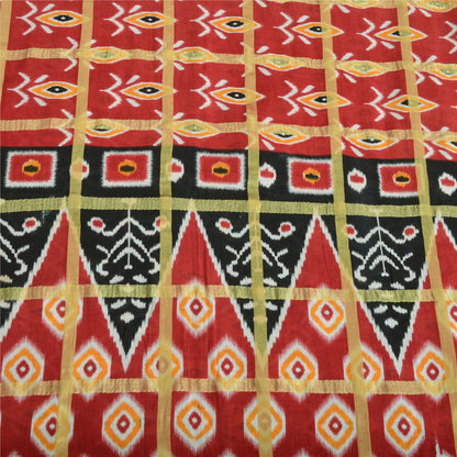 Sanskriti Vintage Sarees Red Pure Cotton Ikat Print Woven Sari 5yd Craft Sustainable Fabric