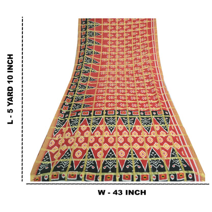 Sanskriti Vintage Sarees Red Pure Cotton Ikat Print Woven Sari 5yd Craft Sustainable Fabric