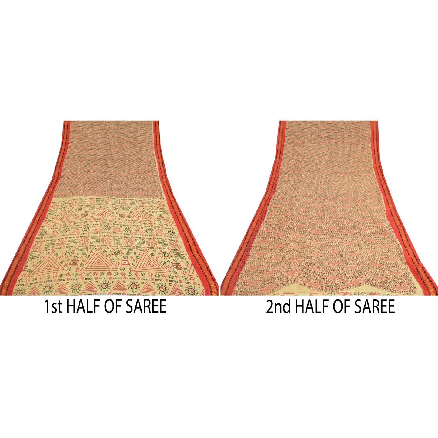 Sanskriti Vintage Sarees Cream Pure Cotton Block Printed Sari 5yd Craft Sustainable Fabric