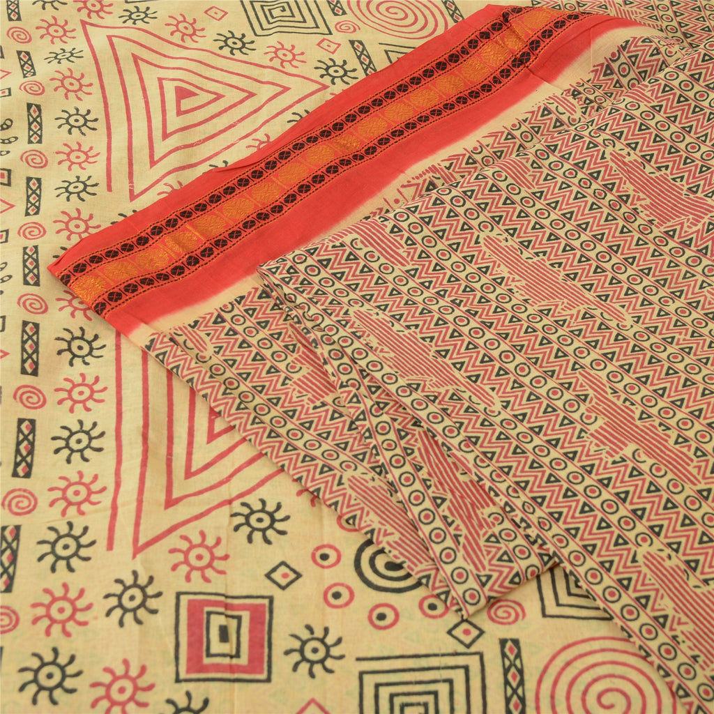 Sanskriti Vintage Sarees Cream Pure Cotton Block Printed Sari 5yd Craft Sustainable Fabric