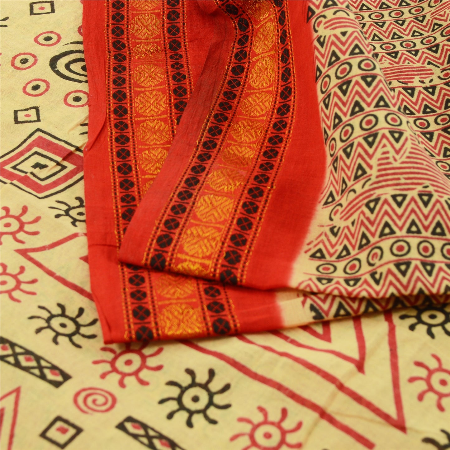 Sanskriti Vintage Sarees Cream Pure Cotton Block Printed Sari 5yd Craft Sustainable Fabric