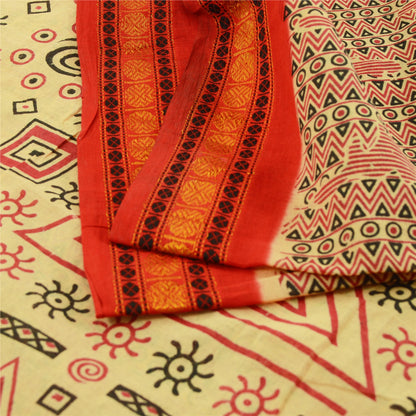 Sanskriti Vintage Sarees Cream Pure Cotton Block Printed Sari 5yd Craft Sustainable Fabric