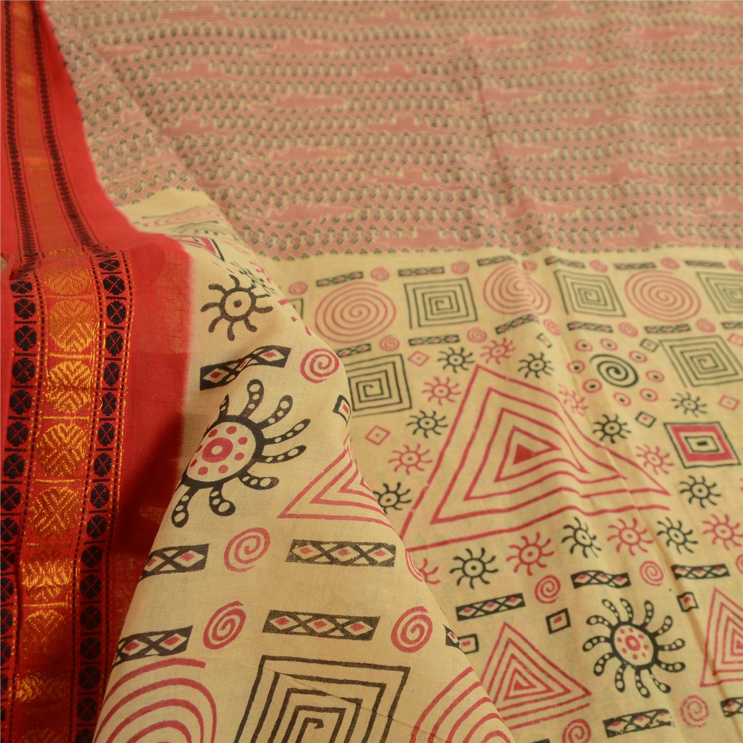 Sanskriti Vintage Sarees Cream Pure Cotton Block Printed Sari 5yd Craft Sustainable Fabric