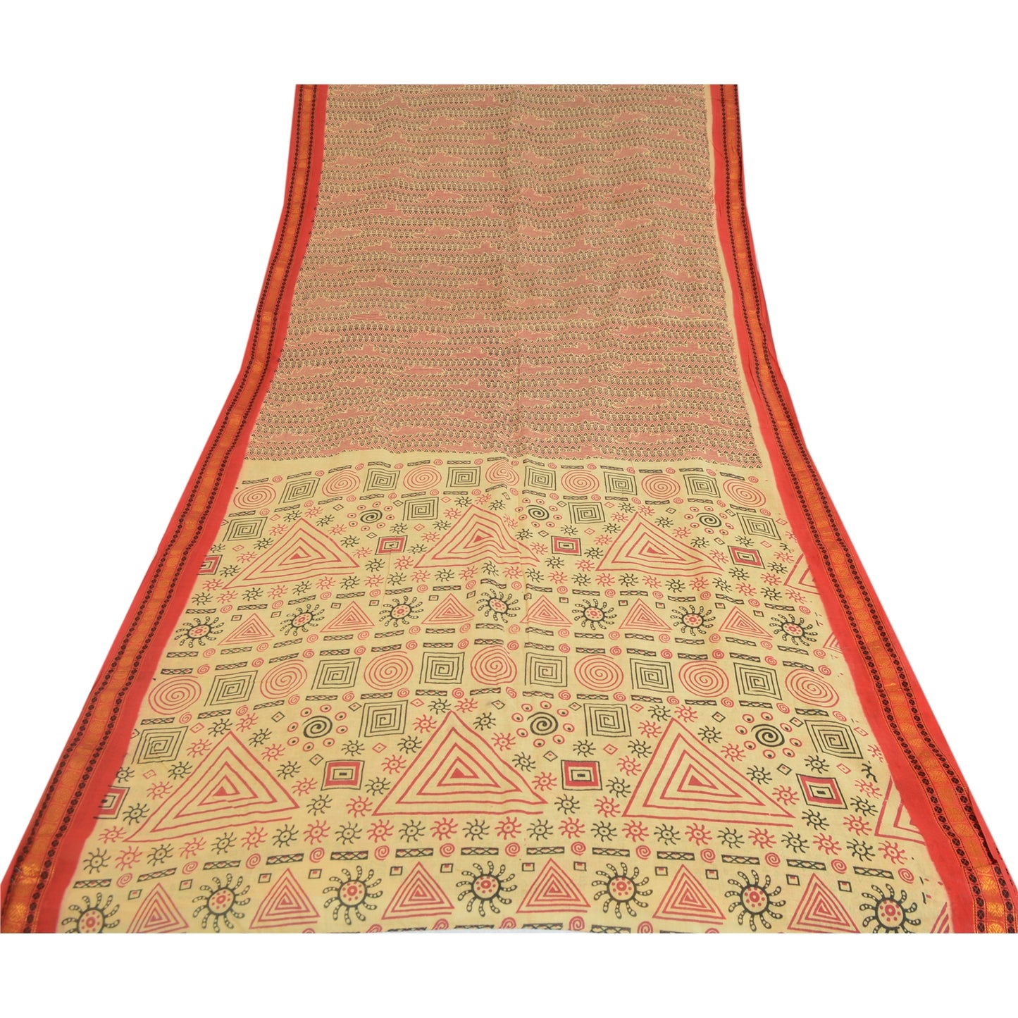 Sanskriti Vintage Sarees Cream Pure Cotton Block Printed Sari 5yd Craft Sustainable Fabric