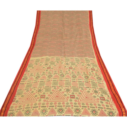Sanskriti Vintage Sarees Cream Pure Cotton Block Printed Sari 5yd Craft Sustainable Fabric