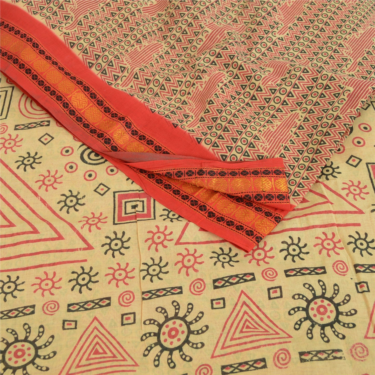Sanskriti Vintage Sarees Cream Pure Cotton Block Printed Sari 5yd Craft Sustainable Fabric