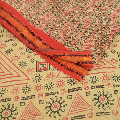 Sanskriti Vintage Sarees Cream Pure Cotton Block Printed Sari 5yd Craft Sustainable Fabric