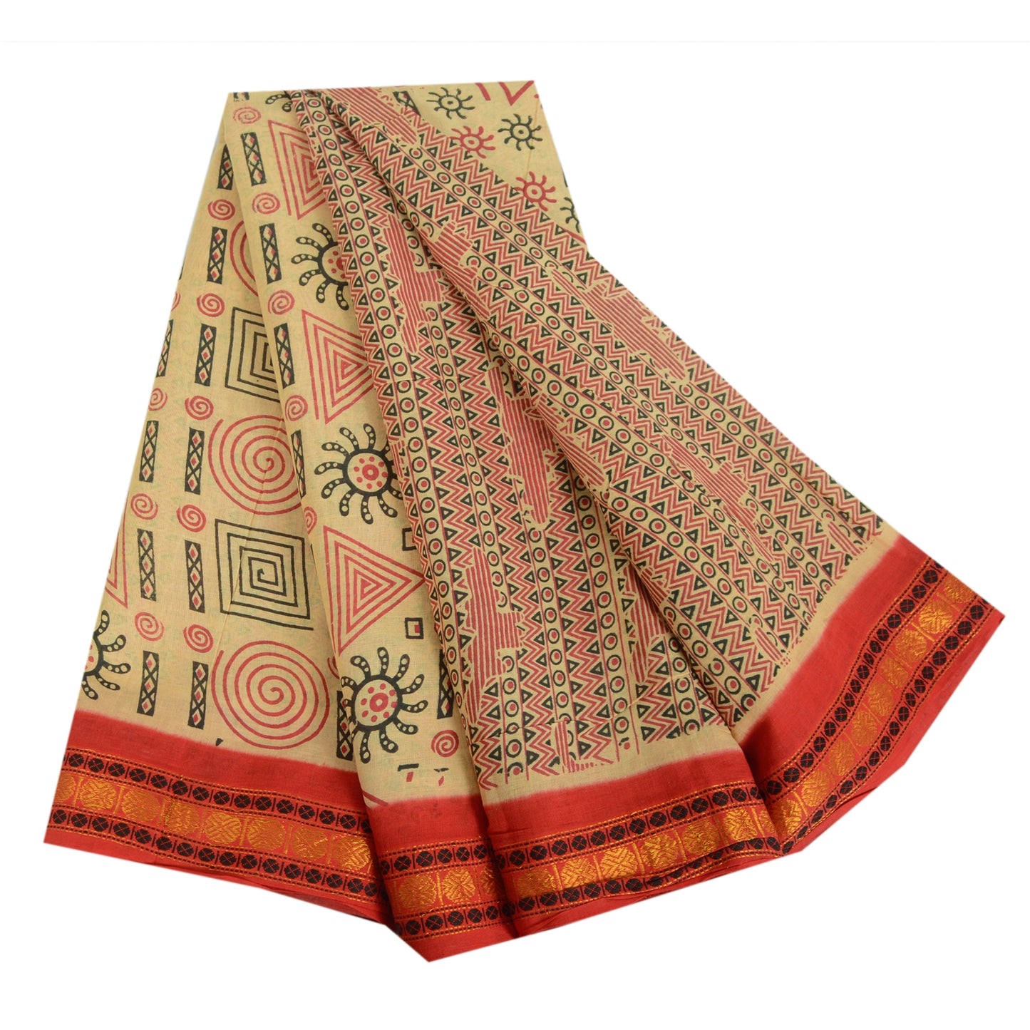 Sanskriti Vintage Sarees Cream Pure Cotton Block Printed Sari 5yd Craft Sustainable Fabric