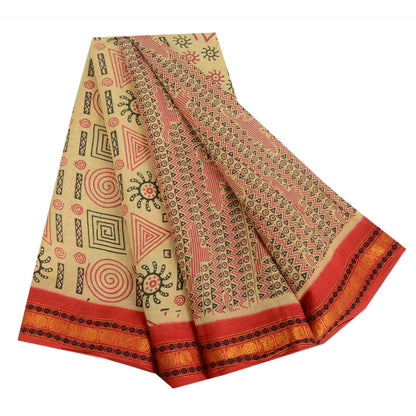 Sanskriti Vintage Sarees Cream Pure Cotton Block Printed Sari 5yd Craft Sustainable Fabric