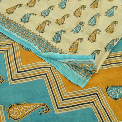 Sanskriti Vintage Sarees Cream Pure Cotton Paisley Printed Sari 5yd Craft Sustainable Fabric