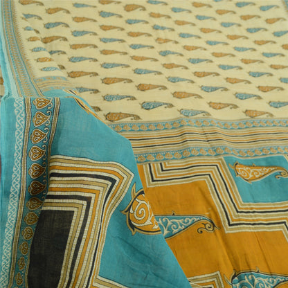 Sanskriti Vintage Sarees Cream Pure Cotton Paisley Printed Sari 5yd Craft Sustainable Fabric