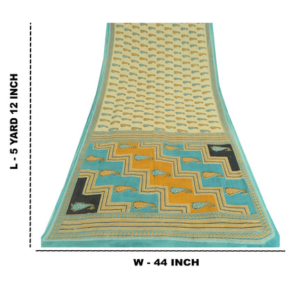 Sanskriti Vintage Sarees Cream Pure Cotton Paisley Printed Sari 5yd Craft Sustainable Fabric