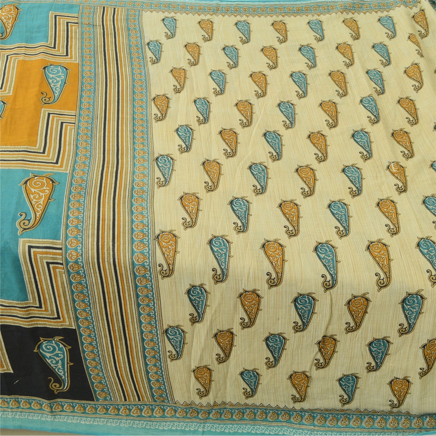 Sanskriti Vintage Sarees Cream Pure Cotton Paisley Printed Sari 5yd Craft Sustainable Fabric