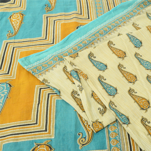 Sanskriti Vintage Sarees Cream Pure Cotton Paisley Printed Sari 5yd Craft Sustainable Fabric