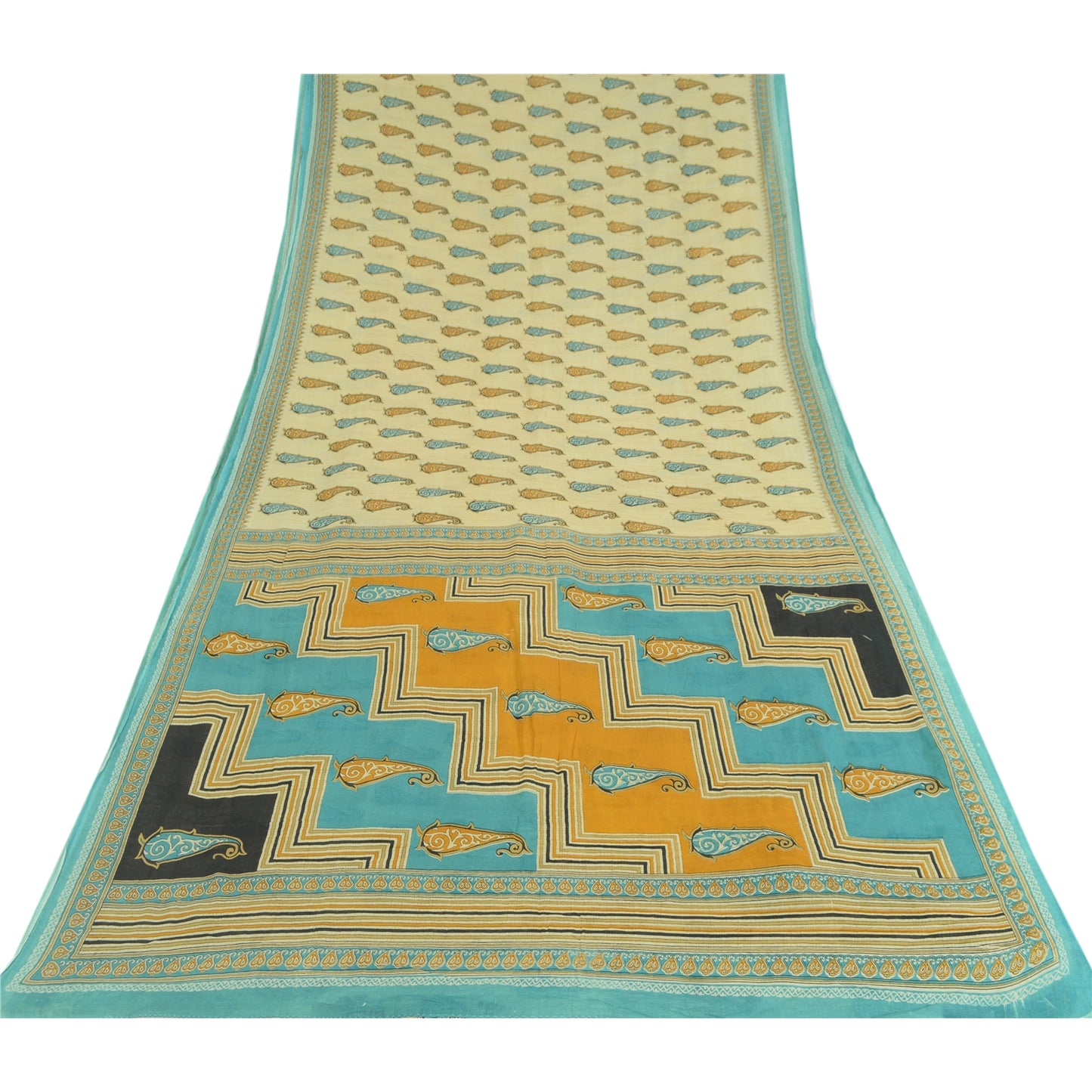 Sanskriti Vintage Sarees Cream Pure Cotton Paisley Printed Sari 5yd Craft Sustainable Fabric