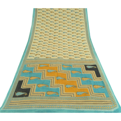 Sanskriti Vintage Sarees Cream Pure Cotton Paisley Printed Sari 5yd Craft Sustainable Fabric