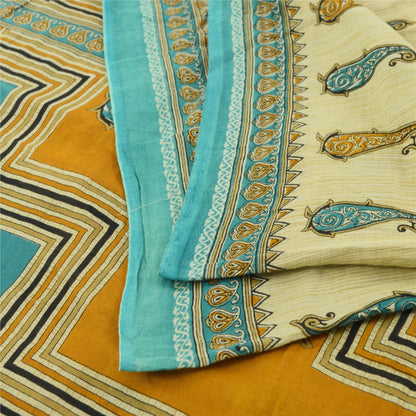 Sanskriti Vintage Sarees Cream Pure Cotton Paisley Printed Sari 5yd Craft Sustainable Fabric