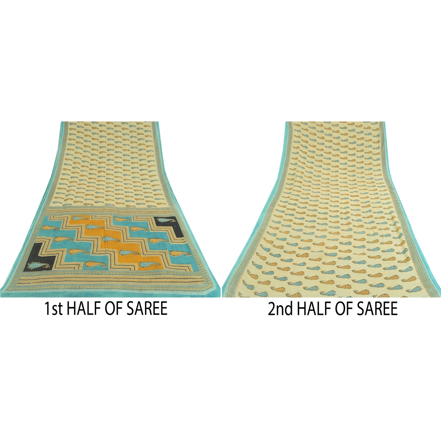 Sanskriti Vintage Sarees Cream Pure Cotton Paisley Printed Sari 5yd Craft Sustainable Fabric