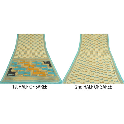 Sanskriti Vintage Sarees Cream Pure Cotton Paisley Printed Sari 5yd Craft Sustainable Fabric