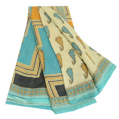 Sanskriti Vintage Sarees Cream Pure Cotton Paisley Printed Sari 5yd Craft Sustainable Fabric